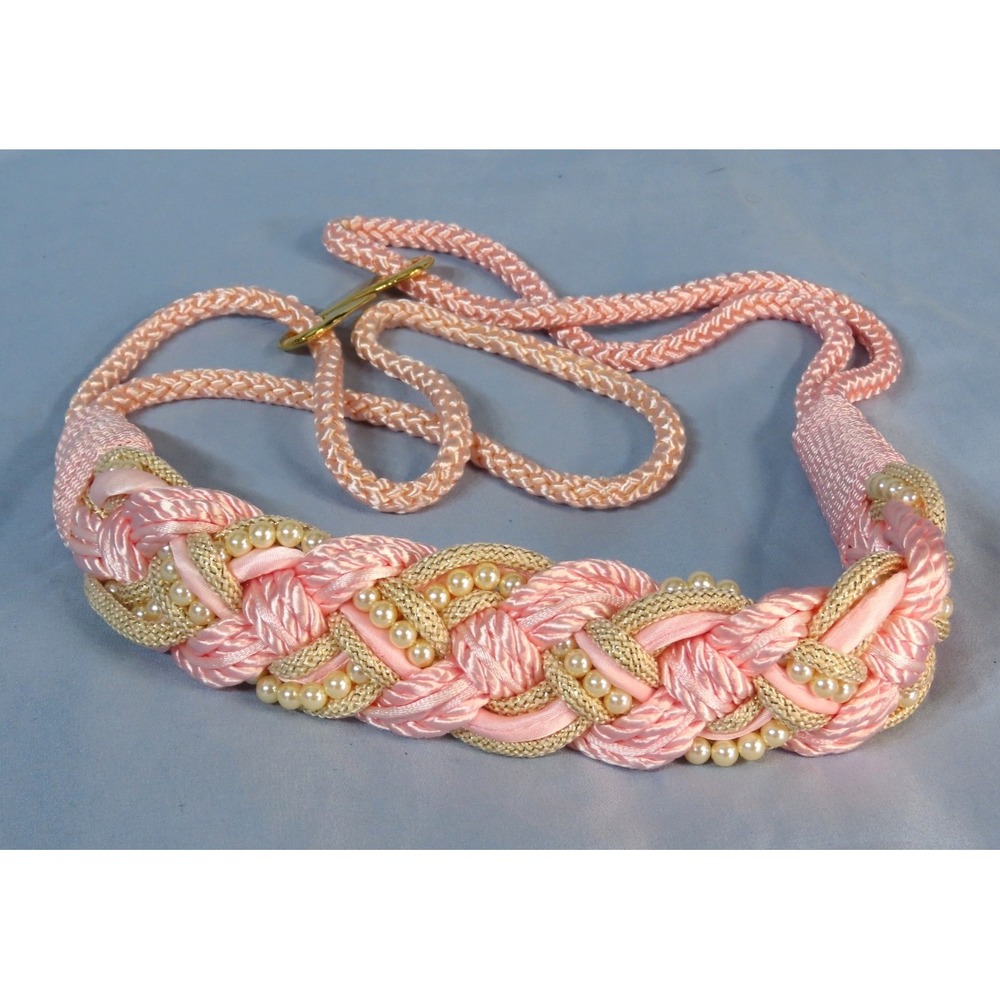 Vintage PINK & GOLD Cummerbund Belt BRAIDED WOVEN Satin Cord & Faux Pearls 38" L